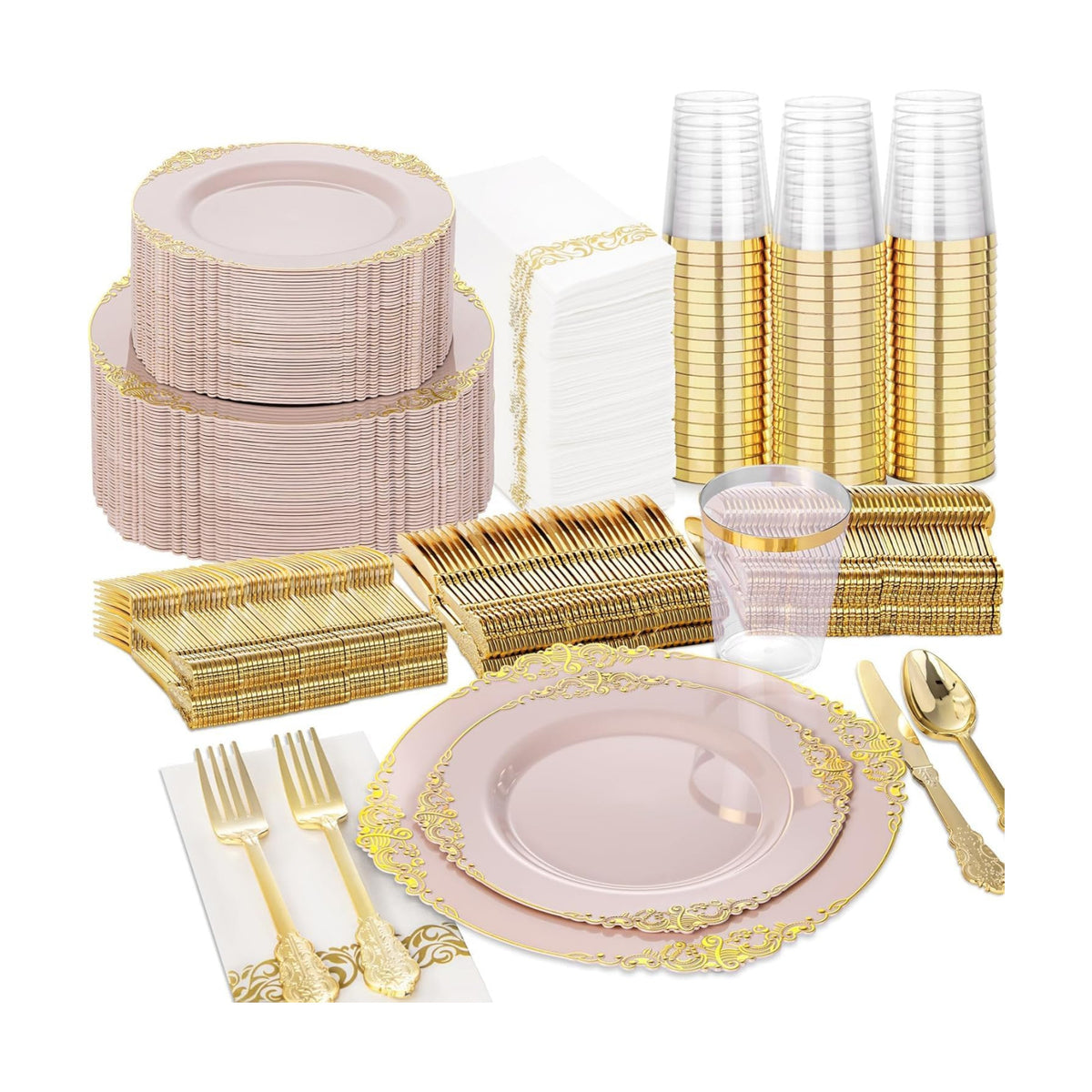 Nervure 350Pcs Pink Plastic Plates, Plastic Dinnerware Set for 50 Guests