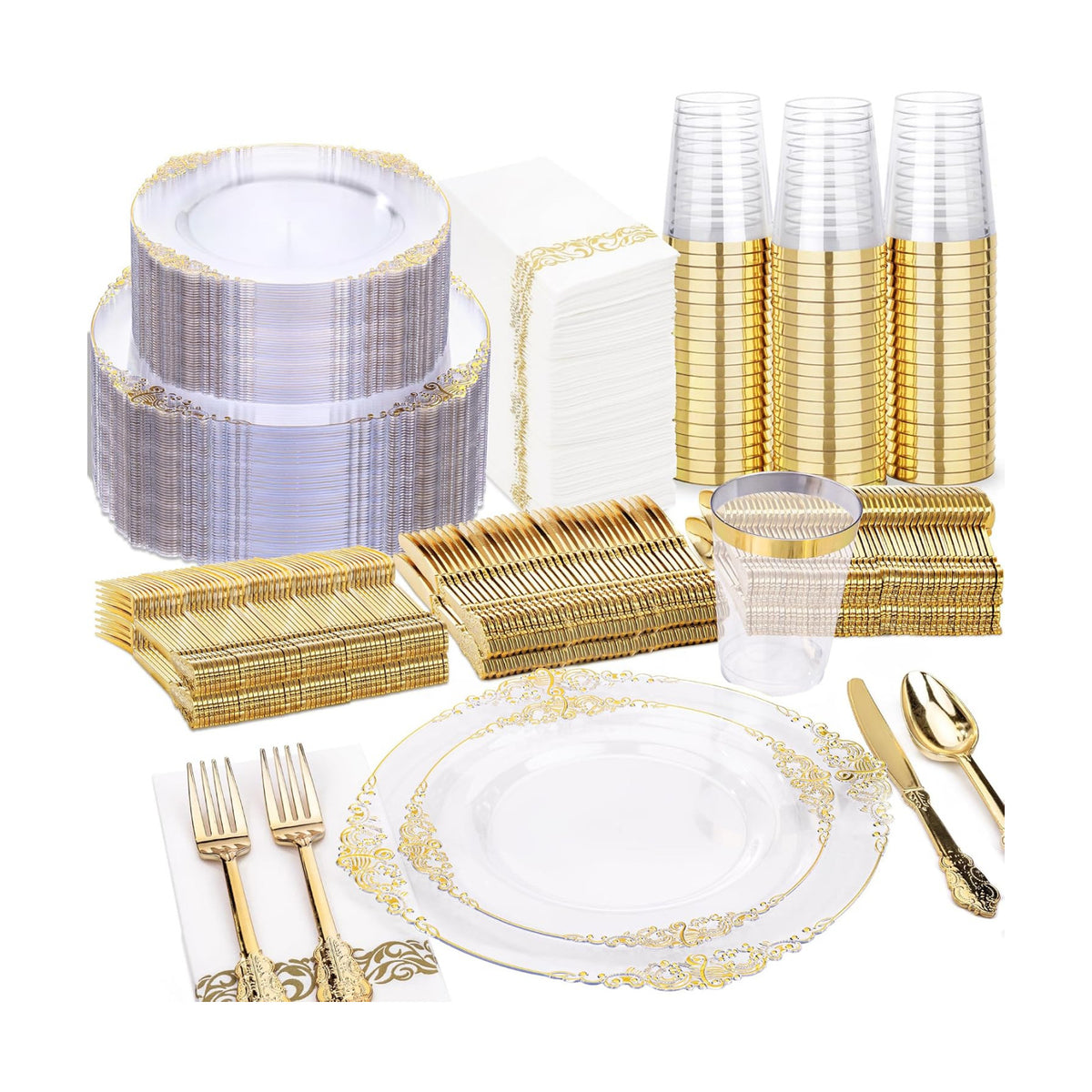 Nervure 350Pcs Clear Gold Plastic Plates, Dinnerware Sets for 50 Guests
