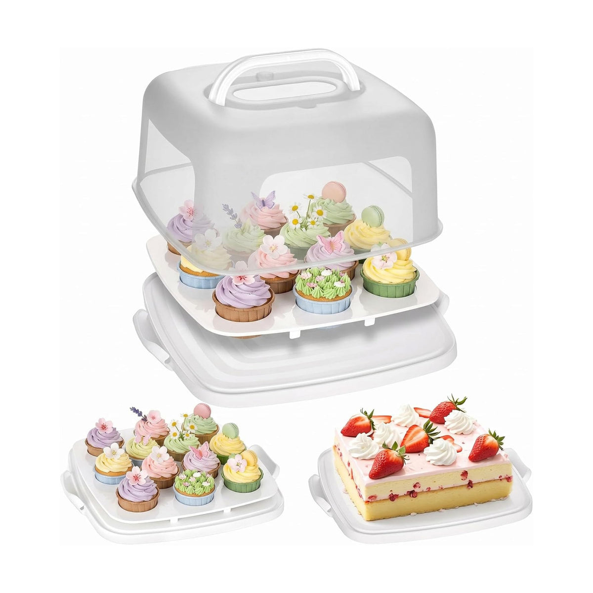 VGOODALL Cupcake and Cake Container with Lid, White Square Cake Carrier 12 Capacity Cup Dessert Holder with Handle for Pie Muffin Cobbler Family Picnics and Party Events, 3-in-1 Design