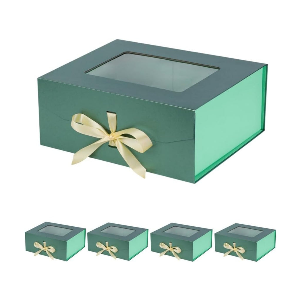 5 Pcs Green Gift Box for Presents with Ribbon 13.2x11x5.3 Inches Clear Gift Box with Window Magnetic Closure Gift Boxes with Lids