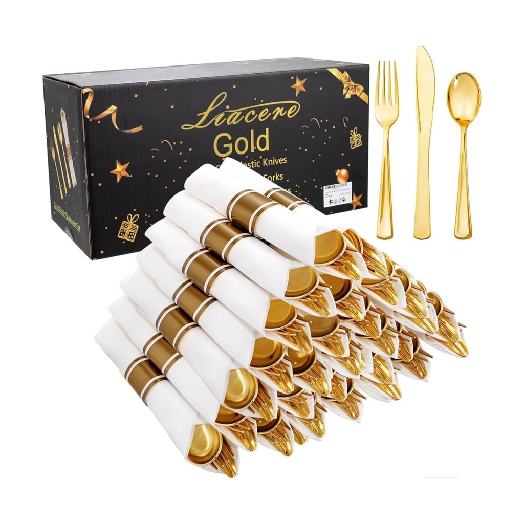 Liacere 100Pack Pre Rolled Gold Silverware and Napkin-400pcs Disposable Gold Plastic Utensils-Wrapped Plastic Cutlery Set with Napkin:100 Forks,100 Knives,100 Spoons,100 Napkins for Wedding＆Fall Party