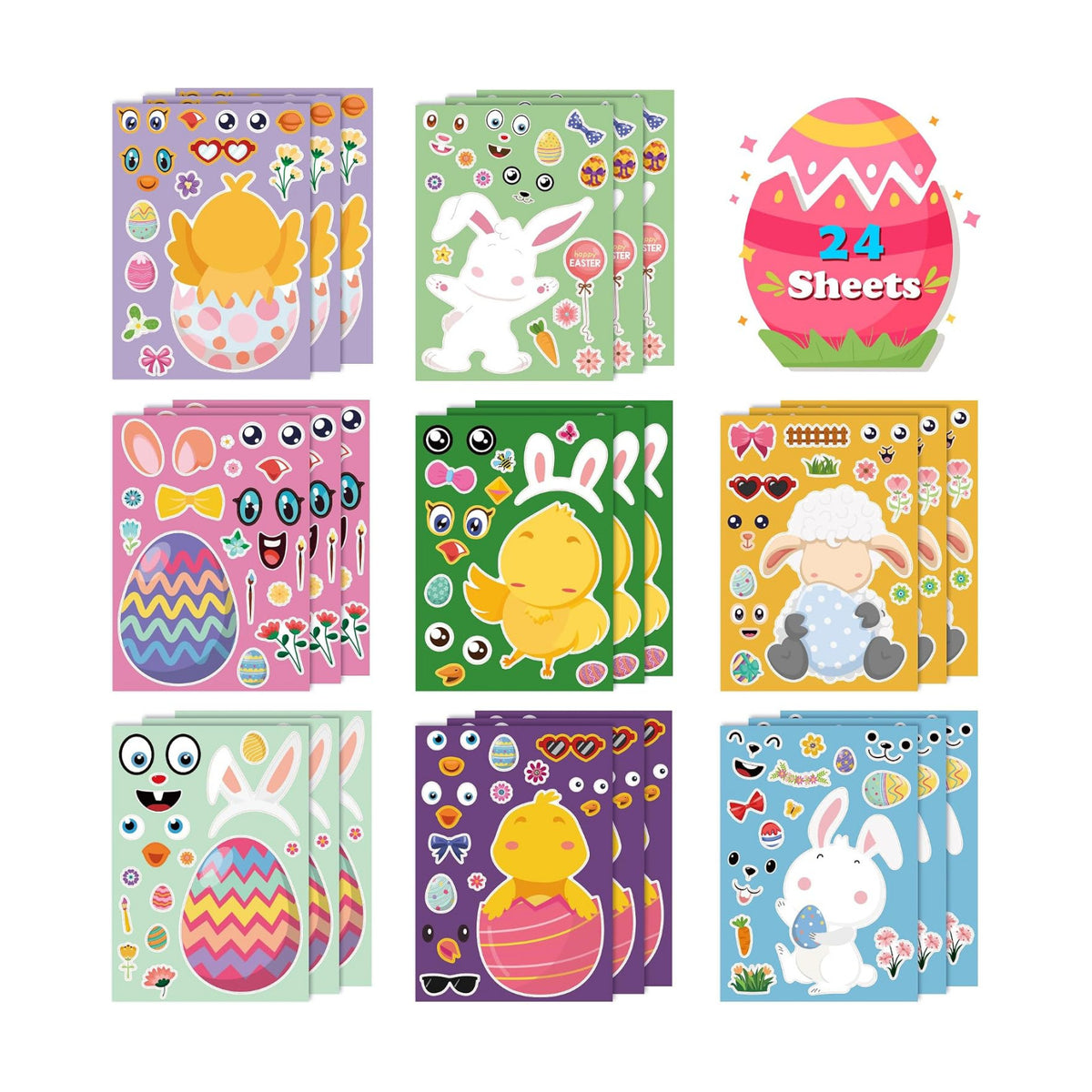 OHOME Easter Basket Stuffers for Kids - DIY Happy Egg Bunny Sticker Crafts Stickers for Toddlers,Kids Easter Gifts Decor Treats Games Toys Activities Party Favor Supplies(24 Sheets)