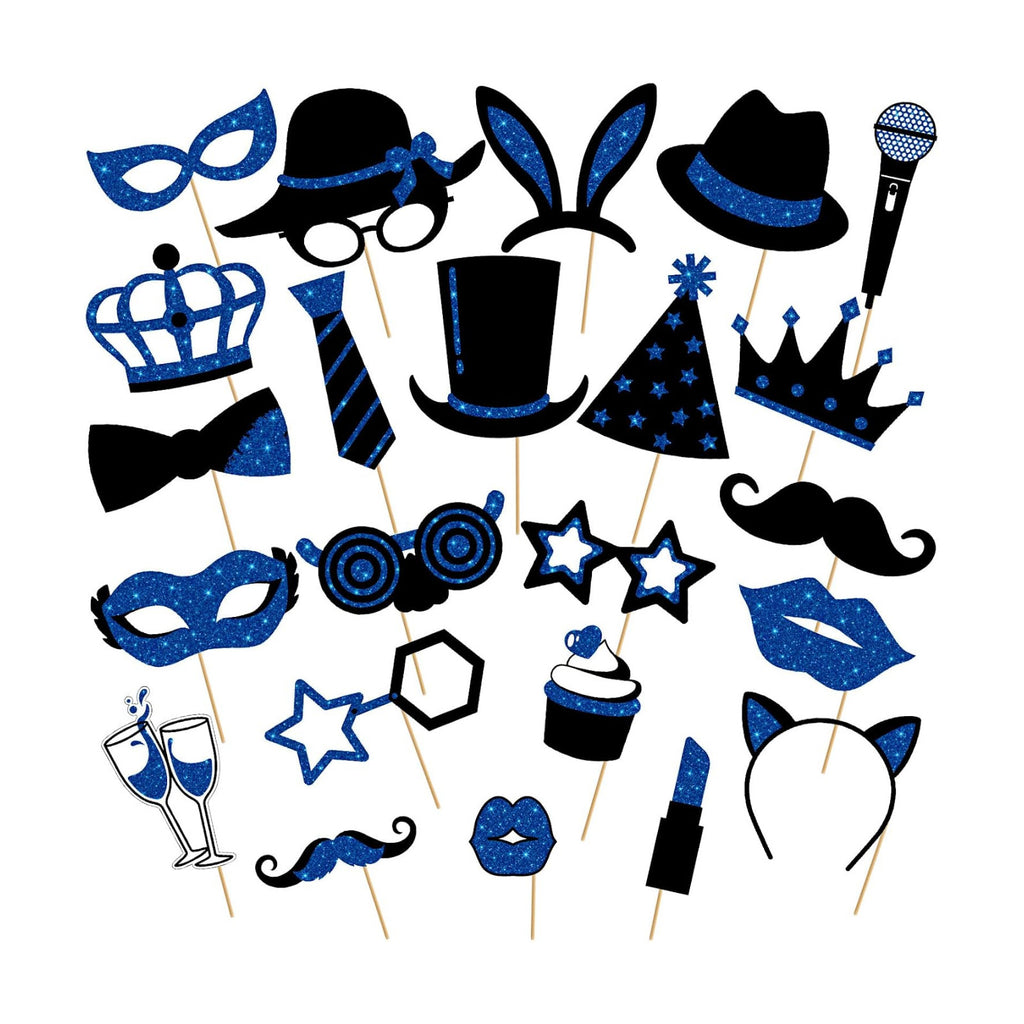 Zonon 24 Pcs Photo Booth Props Set Black Gold Birthday,Blue and Black