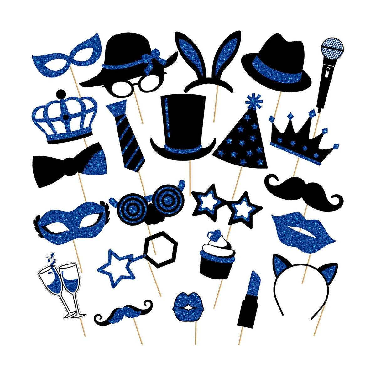 Zonon 24 Pcs Photo Booth Props Set Black Gold Birthday,Blue and Black