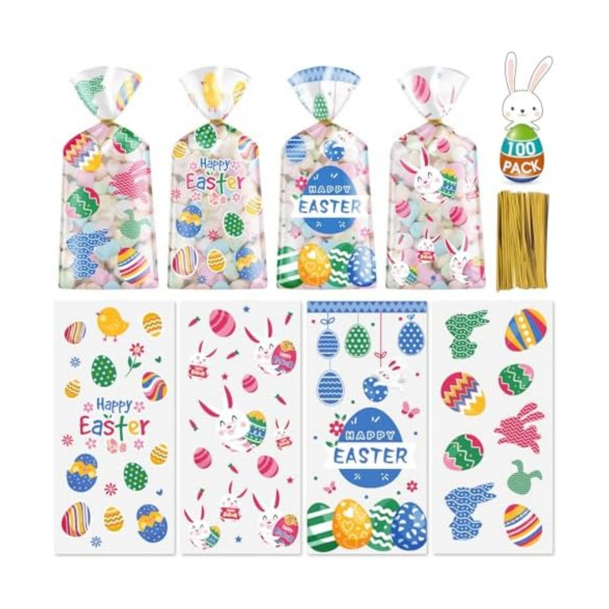 100 Pcs Easter Treat Bags - Happy Easter Gift Bag, Easters Eggs Plastic Cellophane Bag, Clear Colorful Easters Bunny Goodie Candy Favor Bags with Gold Twist Ties for Easte Party Favors Supplies