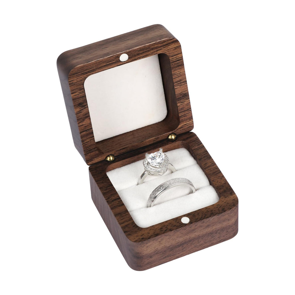 Wooden Ring Box, Engagement Ring Box with 2 Slots, Square Wedding Ring Holder Box, Small Ring Holder Box for Wedding, Proposal, Ceremony(White Inner without window)