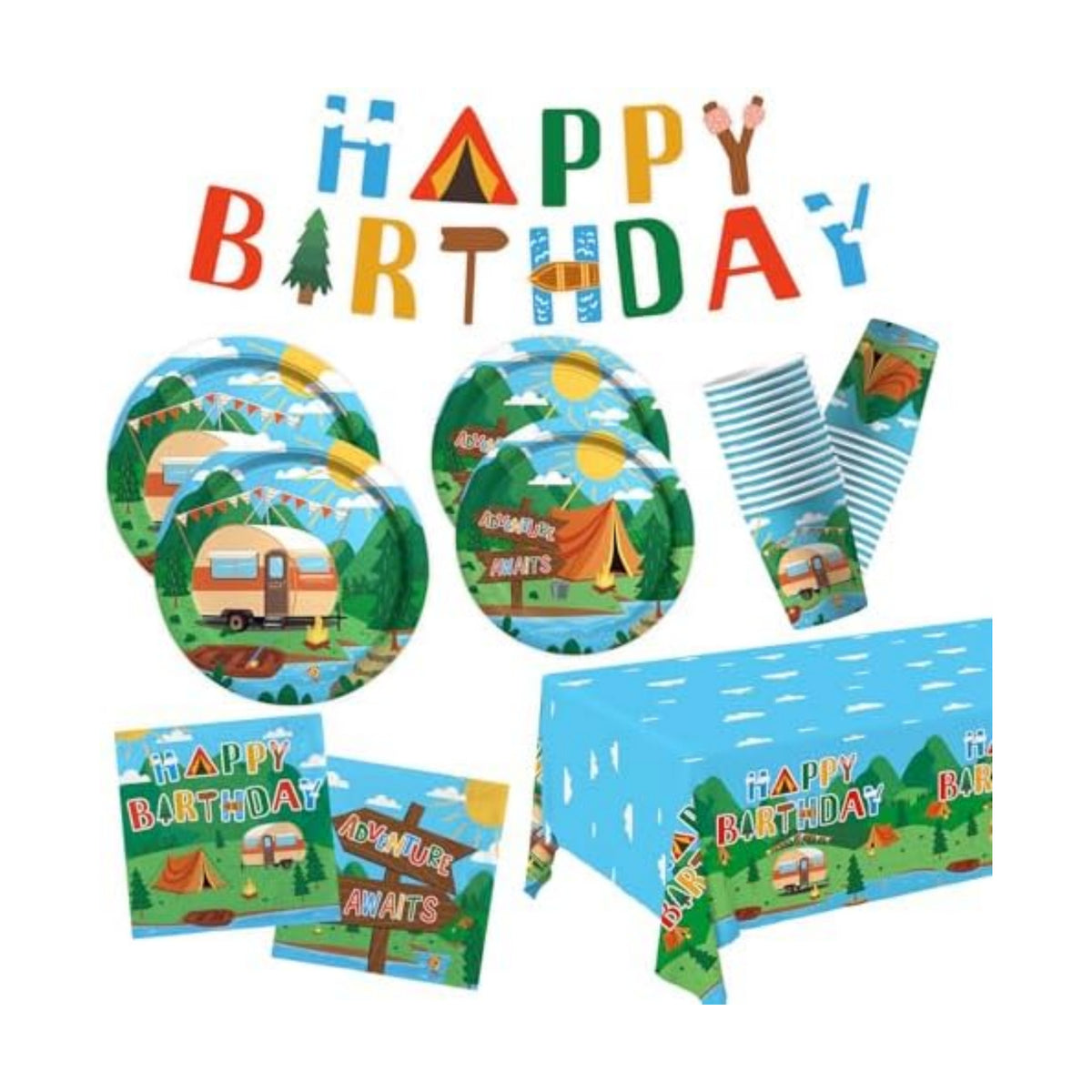 Happy Camper Birthday & Camping Party Decorations Set - Serves 25 with Disposable Plates, Cups, Napkins, Tablecloth & Banner, 1st Birthday, Camping Themed Events & Wedding Parties