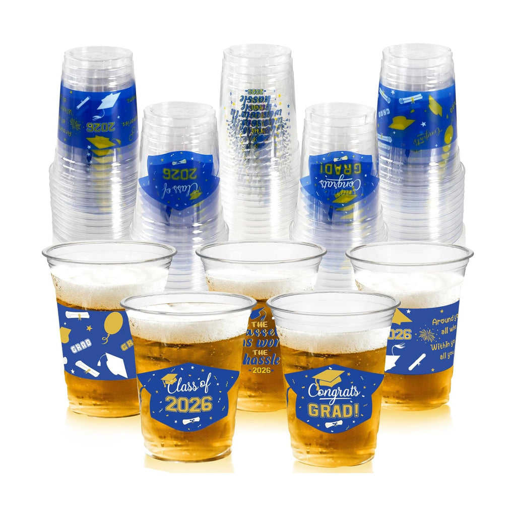 GuassLee Blue and Gold Graduation Decorations 2026 Party Cups - 50pcs 12 Oz Blue Gold Yellow Disposable Graduation Plastic Cups for Drinks Class of 2026 Grad Party Favors Supplies