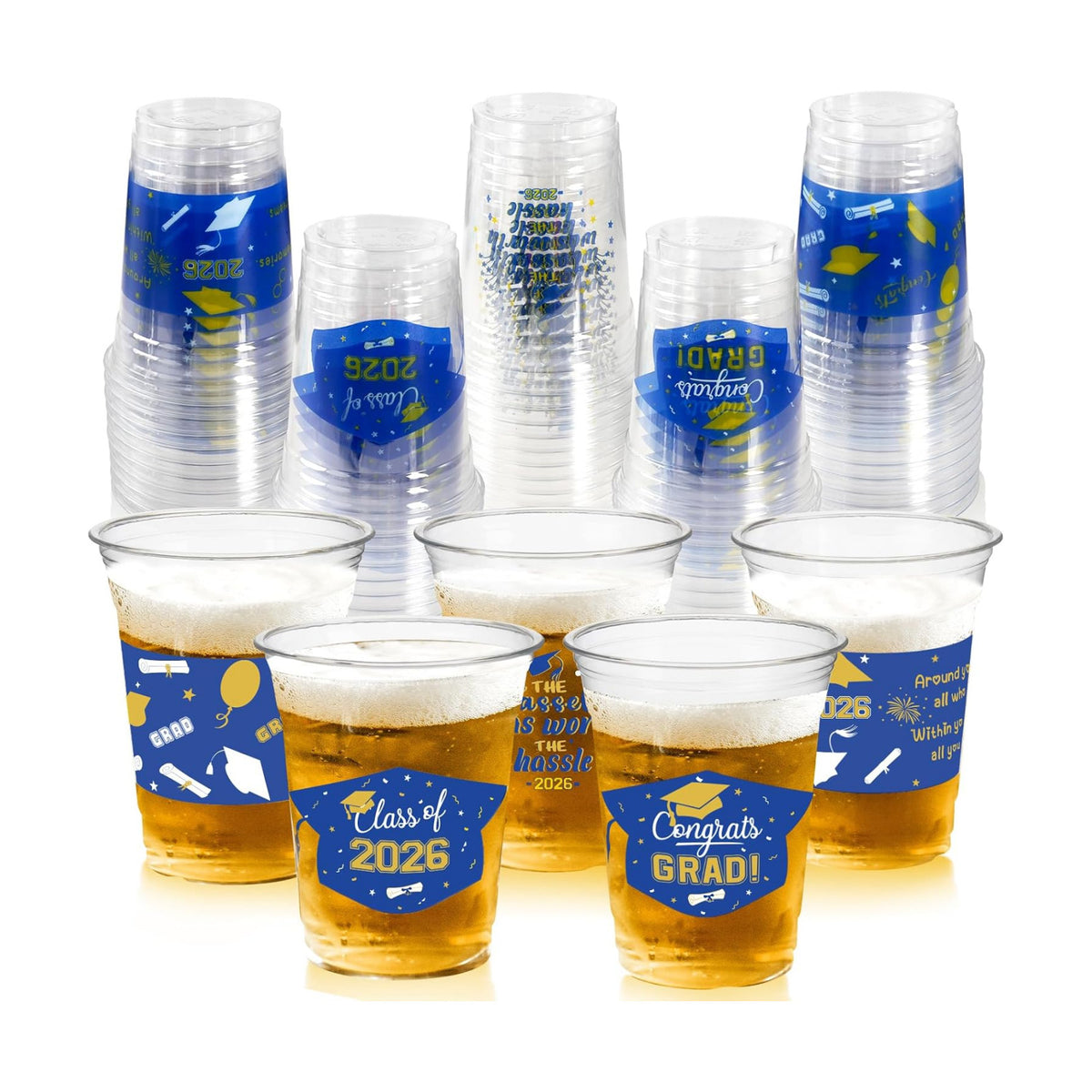 GuassLee Blue and Gold Graduation Decorations 2026 Party Cups - 50pcs 12 Oz Blue Gold Yellow Disposable Graduation Plastic Cups for Drinks Class of 2026 Grad Party Favors Supplies