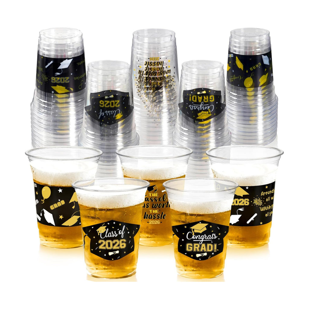 GuassLee Black and Gold Graduation Decorations 2026 Party Cups - 50pcs 12 Oz Black Gold Disposable Graduation Plastic Cups for Drinks Class of 2026 Grad Party Supplies