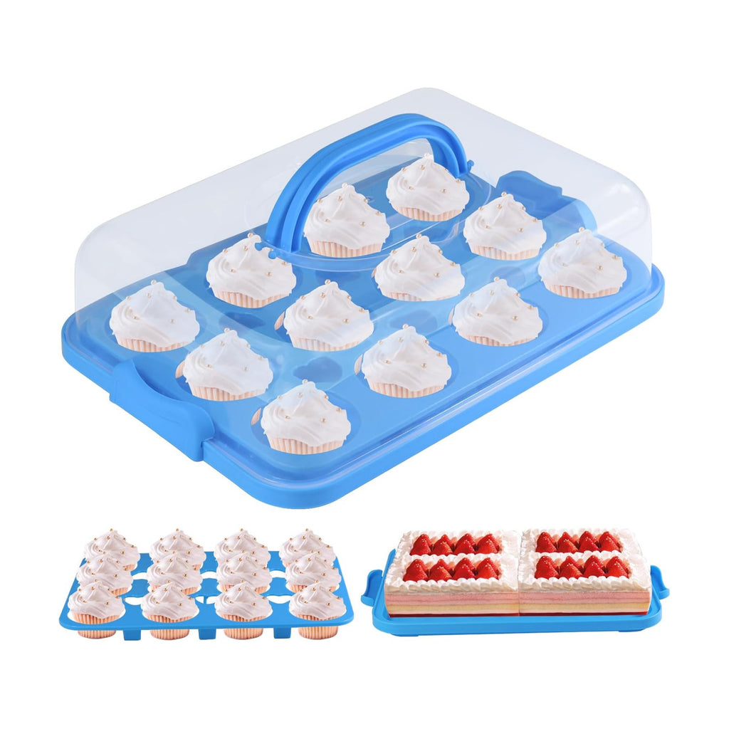 Cake Carrier with Lid, Cake Holder Cupcake Container for 12 Cupcakes 2 in 1 Portable Dessert Container for Pie Muffin Cobbler (Blue)