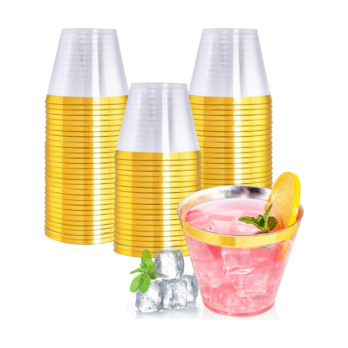 I00000 60 Pack Gold Plastic Cups, 9 OZ Elegant Gold Rimmed Plastic Cups
