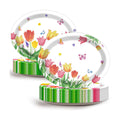 Qyeahkj 50 Pcs Spring Tulip Oval Paper Plates Large 11” Disposable Tulip Flower Party Decorations Floral Supplies Favor for Easter Picnic Spring Summer Birthday Butterflies Party Tableware Set