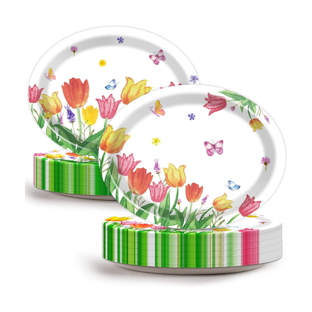 Qyeahkj 50 Pcs Spring Tulip Oval Paper Plates Large 11” Disposable Tulip Flower Party Decorations Floral Supplies Favor for Easter Picnic Spring Summer Birthday Butterflies Party Tableware Set