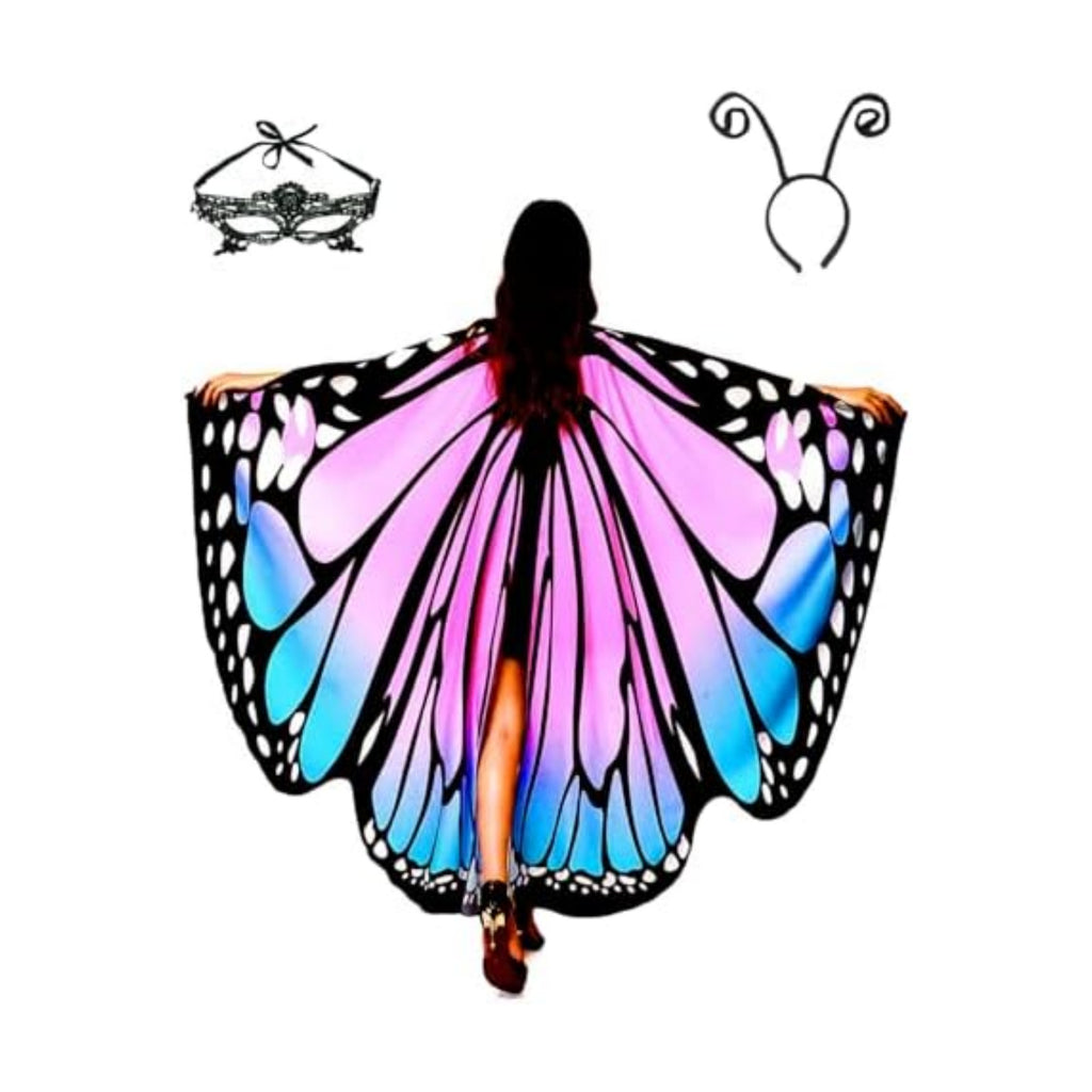 Halloween Butterfly Wings Costume for Womens, Moth Wings Butterfly Cape Adult Costume with Mask & Headband(3pcs)