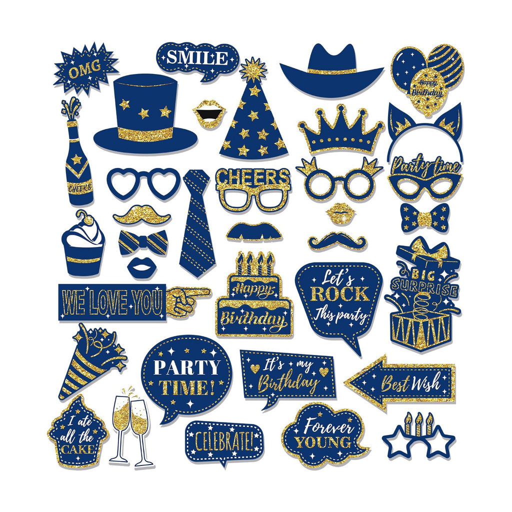36 PCS Photo Booth Props Party Supplies Holiday Picture Decorations Blue Paper Photo Props for Birthday Party Favors Pose Sign Kit Fun