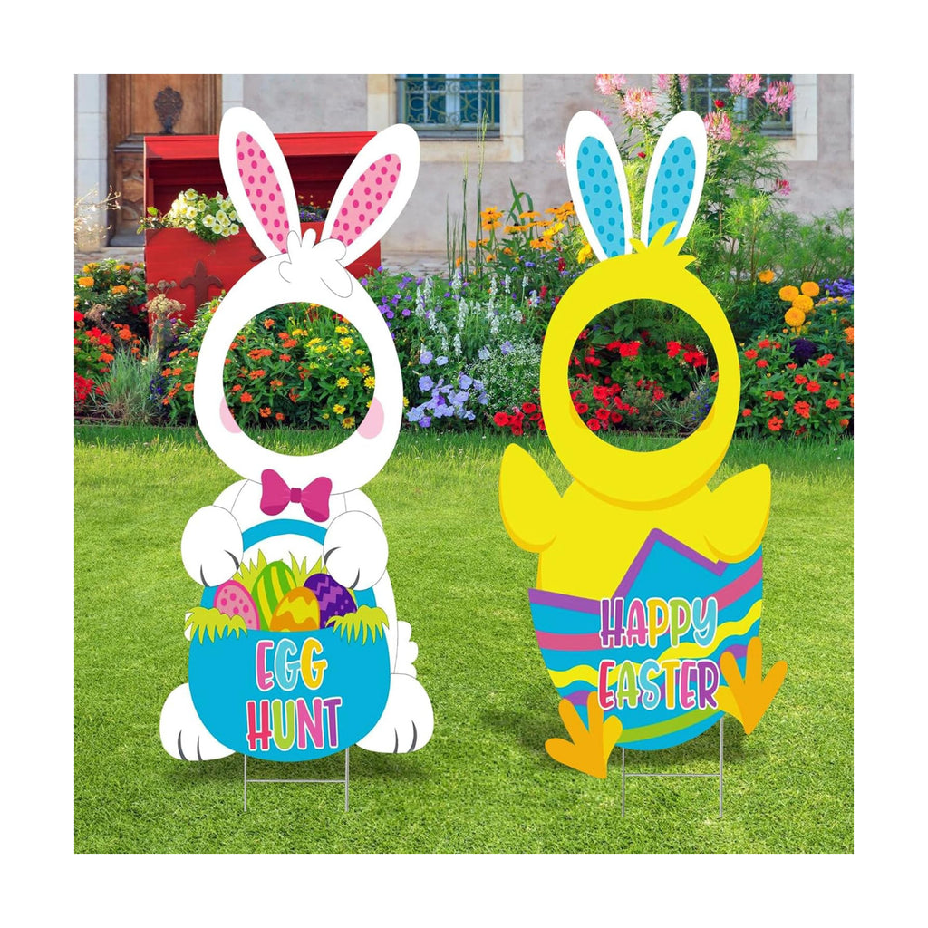 2 PCS Easter Yard Signs Large 35.35x15.35 Inch, Bunny & Chick Faces Outdoor Waterproof Easter Decorations, Spring Garden Lawn Decor for Egg Hunt, Family Photos, Party Supplies (2)