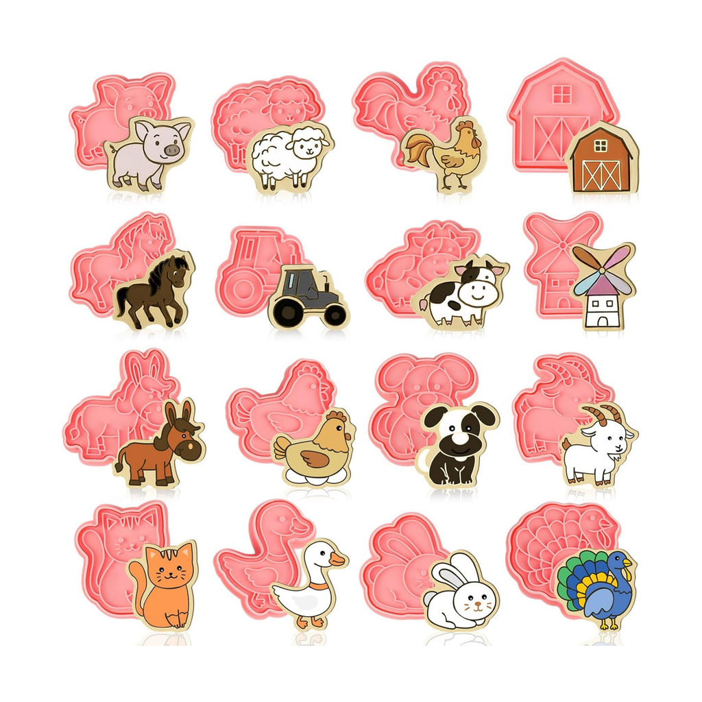 Jspupifip 16 Pack 3D Cookie Cutters Set,Stamps DIY Press Molds Farm Animal