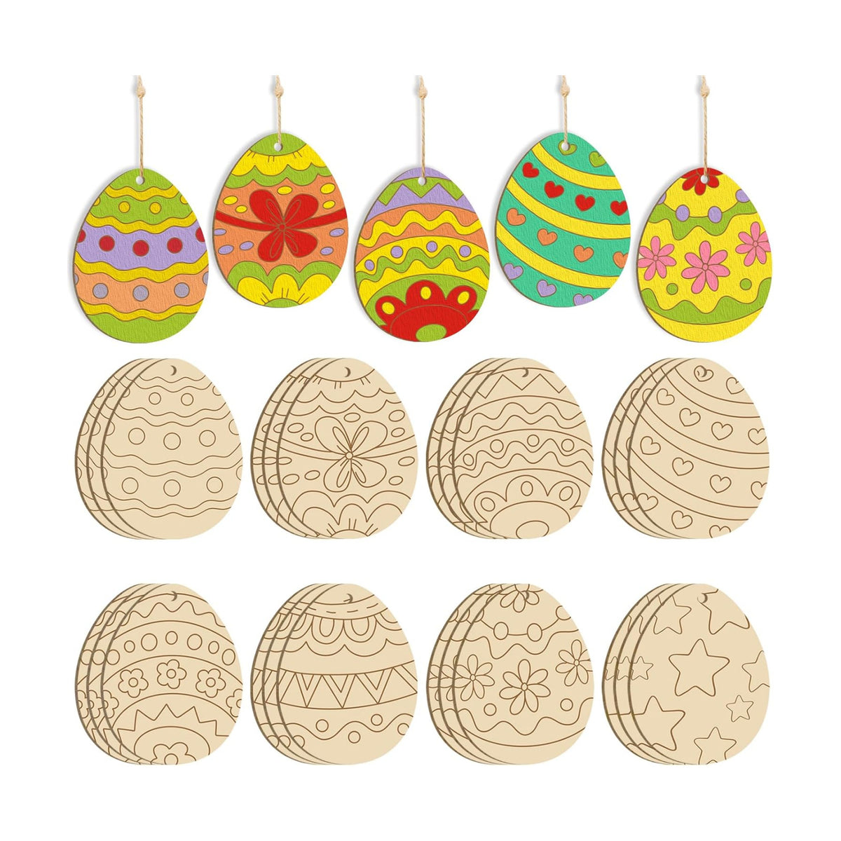 24PCS Wooden Egg Ornaments to Paint Easter Decoration Cutouts Unfinished 8 Different Patterns, DIY Blank Unfinished Wood Discs Ornament for Home Crafts Hanging Spring Decoration 3.5 inches