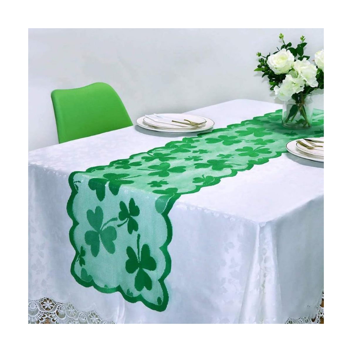 Green Lace Table Runners for St. Patricks Day Wedding Bridal Shower Baby Shower Party Table Decoration, Rustic Shamrock Clover Embroidered Boho Table Runner,14 x 120 Inch (Green)