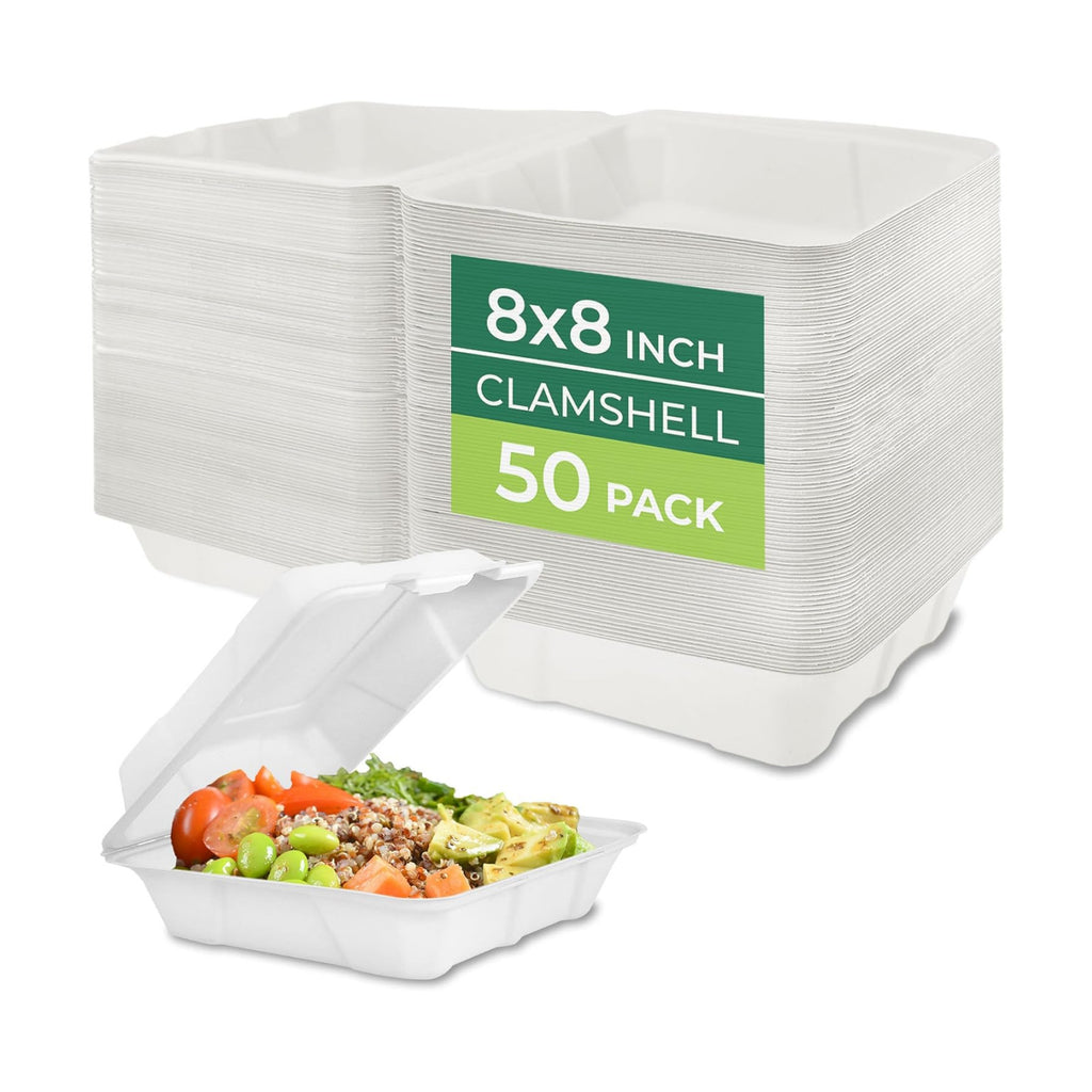 Freshware Compostable Clamshell Food Containers - 8x8" 50-Pack, Biodegradable Sugarcane To Go Boxes, Heavy Duty Paper Container - Microwave & Freezer Safe, Stackable