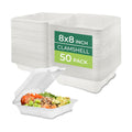 Freshware Compostable Clamshell Food Containers - 8x8" 50-Pack, Biodegradable Sugarcane To Go Boxes, Heavy Duty Paper Container - Microwave & Freezer Safe, Stackable