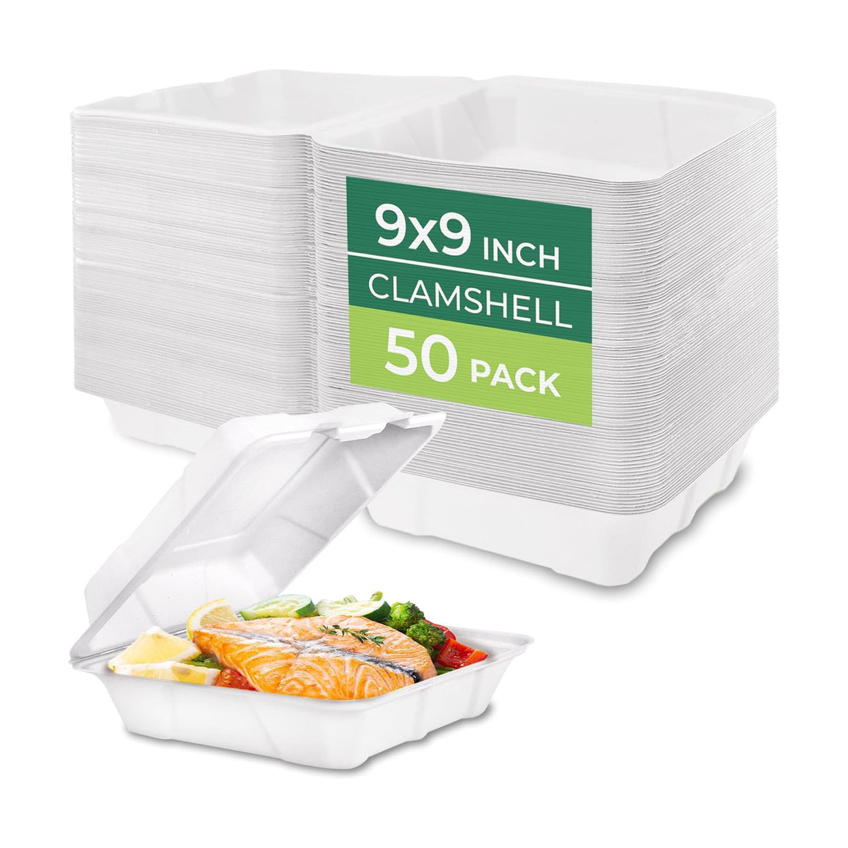 Freshware Compostable 9x9" Clamshell Take Out Food Containers [50-Pack] - Biodegradable Sugarcane To Go Boxes - Paper Food Container - Microwave & Freezer Safe, Stackable