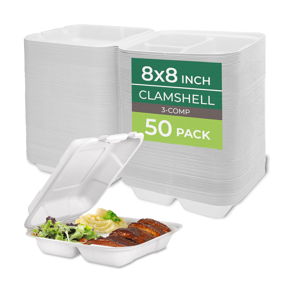 Freshware Compostable Clamshell Food Containers [8x8"] 3-Compartment 50-Pack, Disposable Containers, Biodegradable Sugarcane to Go Boxes - Paper Food Containers - Microwave & Freezer Safe, Stackable