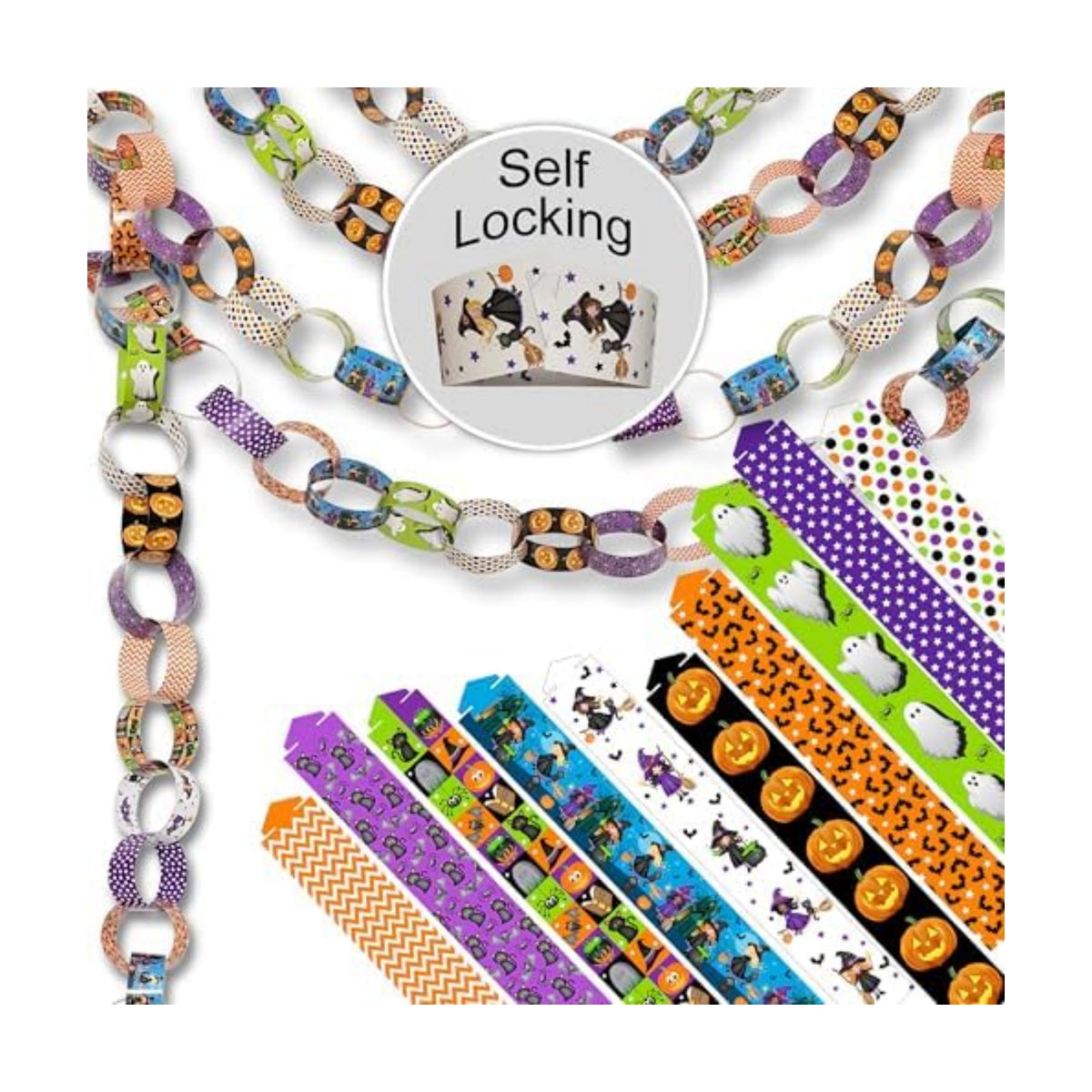300 Paper Chain Strips for Crafting. No Glue or Tape Needed. Kid Friendly & Family Fun. Yields Over 50 Feet of Paper Chains for Party or Classroom Decorations (Halloween)