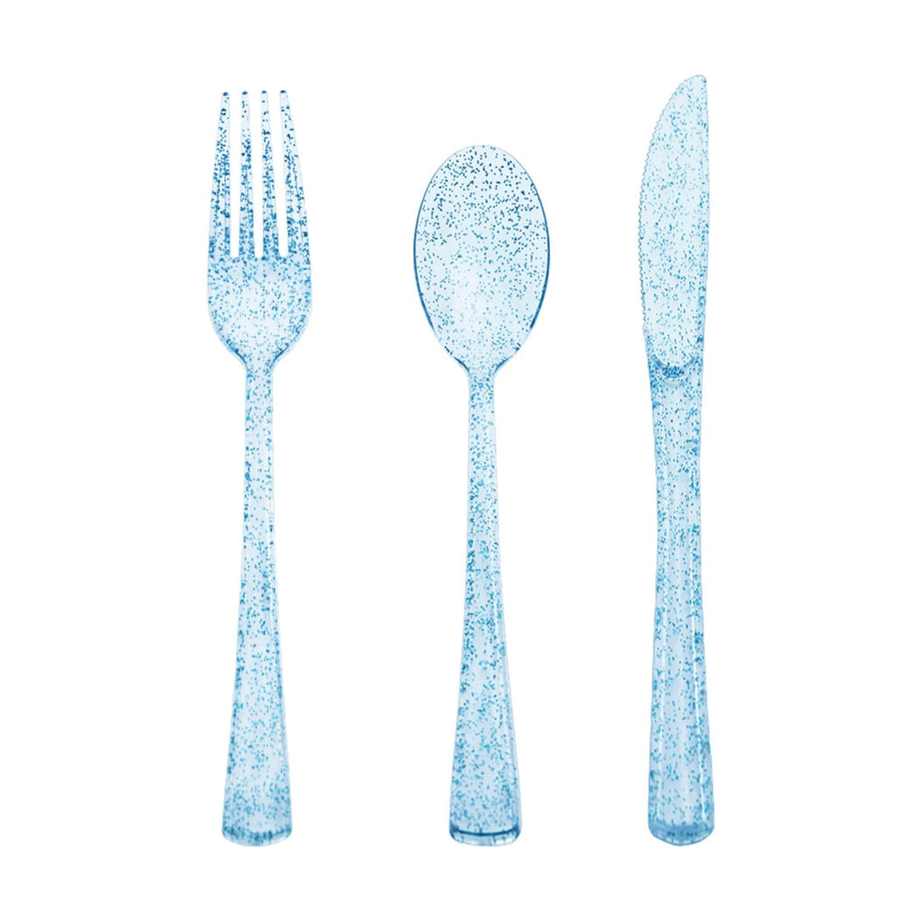 150 Pack Blue Plastic Silverware, Blue Glitter Silverware Plastic Utensils Set Includes 50 Forks, 50 Knives, 50 Spoons for Brithday, Baby Shower, Picnic