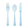 150 Pack Blue Plastic Silverware, Blue Glitter Silverware Plastic Utensils Set Includes 50 Forks, 50 Knives, 50 Spoons for Brithday, Baby Shower, Picnic