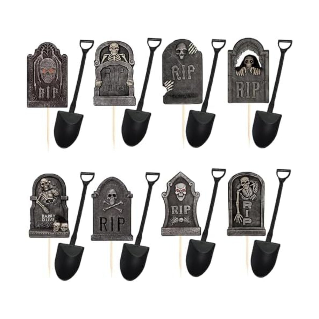 Halloween Cupcake Toppers Cake Decorations Tombstones Graveyard Cupcake Toppers with Novelty Mini Shovel Spoons for Halloween Party, Birthday Party Decoration Supplies 48 Pieces