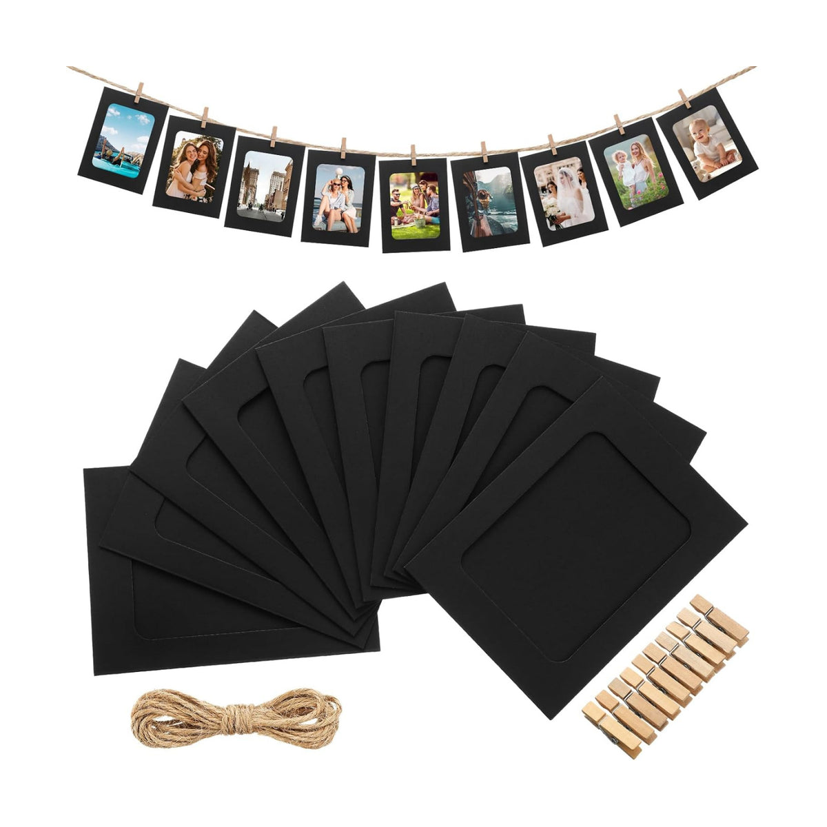 100 Pcs Paper Photo Frames 4x6 Black Picture Frame with 100 Clip 10 String Kit DIY Hanging Cardboard Photo Holder Graduation Back to School Wall Decor Wedding Home