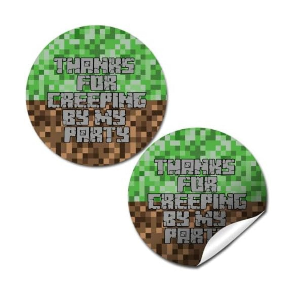 Thank You Stickers for Party Favors, 40 Pack 2 Inch Creepy Pixel Miner Birthday Labels for Boys and Girls, Goodie Bag Seals Made in the USA by Amanda Creation
