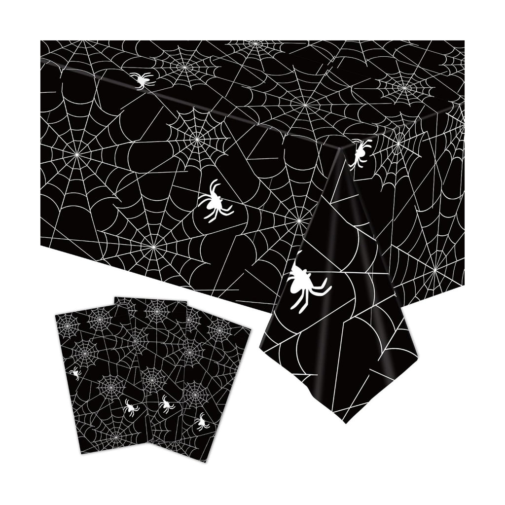 3-Piece 54 x 108 Inch Halloween Spider Web Plastic Tablecloth - Black and White Cobweb with Spiders Patterns, Disposable Rectangle Table Cover for Birthday Dining Table Cover Indoor Outdoor Decoration