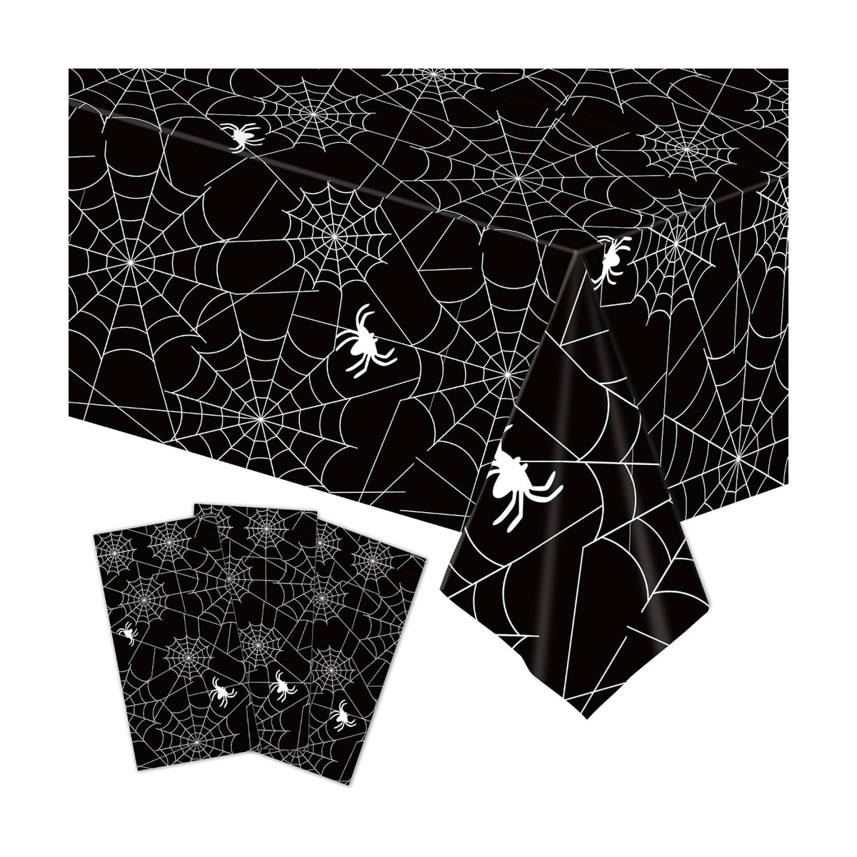 3-Piece 54 x 108 Inch Halloween Spider Web Plastic Tablecloth - Black and White Cobweb with Spiders Patterns, Disposable Rectangle Table Cover for Birthday Dining Table Cover Indoor Outdoor Decoration