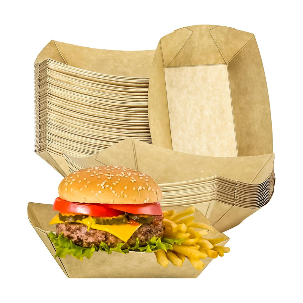 50 Pack 2.5lb Kraft Paper Food Trays, Disposable Paper Food Boat Heavy-Duty Food Serving Basket Tray for Snack Hot Dog French Fries Nachos Taco Popcorn BBQ Party Picnic Wedding Party