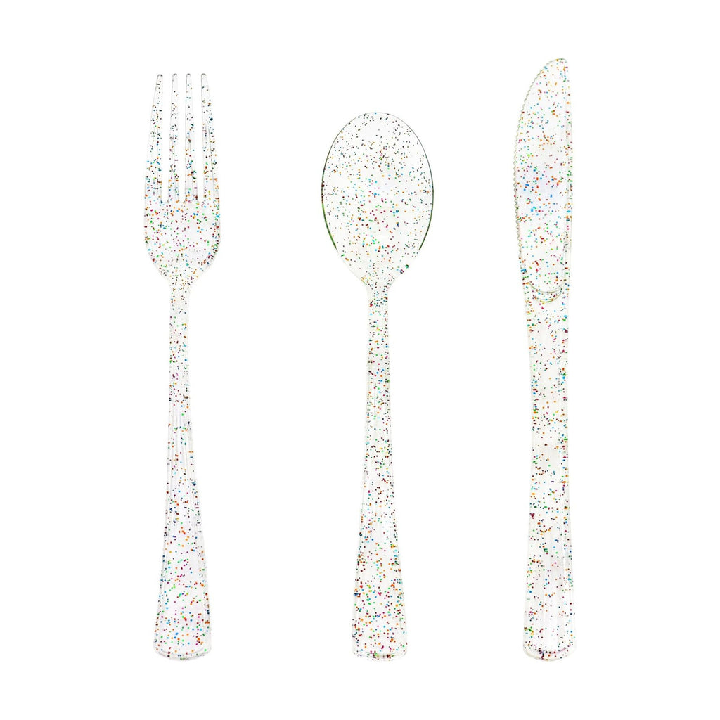 150 Pack Clear Plastic Silverware - Disposable Cutlery with Colorful Design, Includes 50 Forks, 50 Knives, 50 Spoons for Birthday, Wedding, Baby Shower