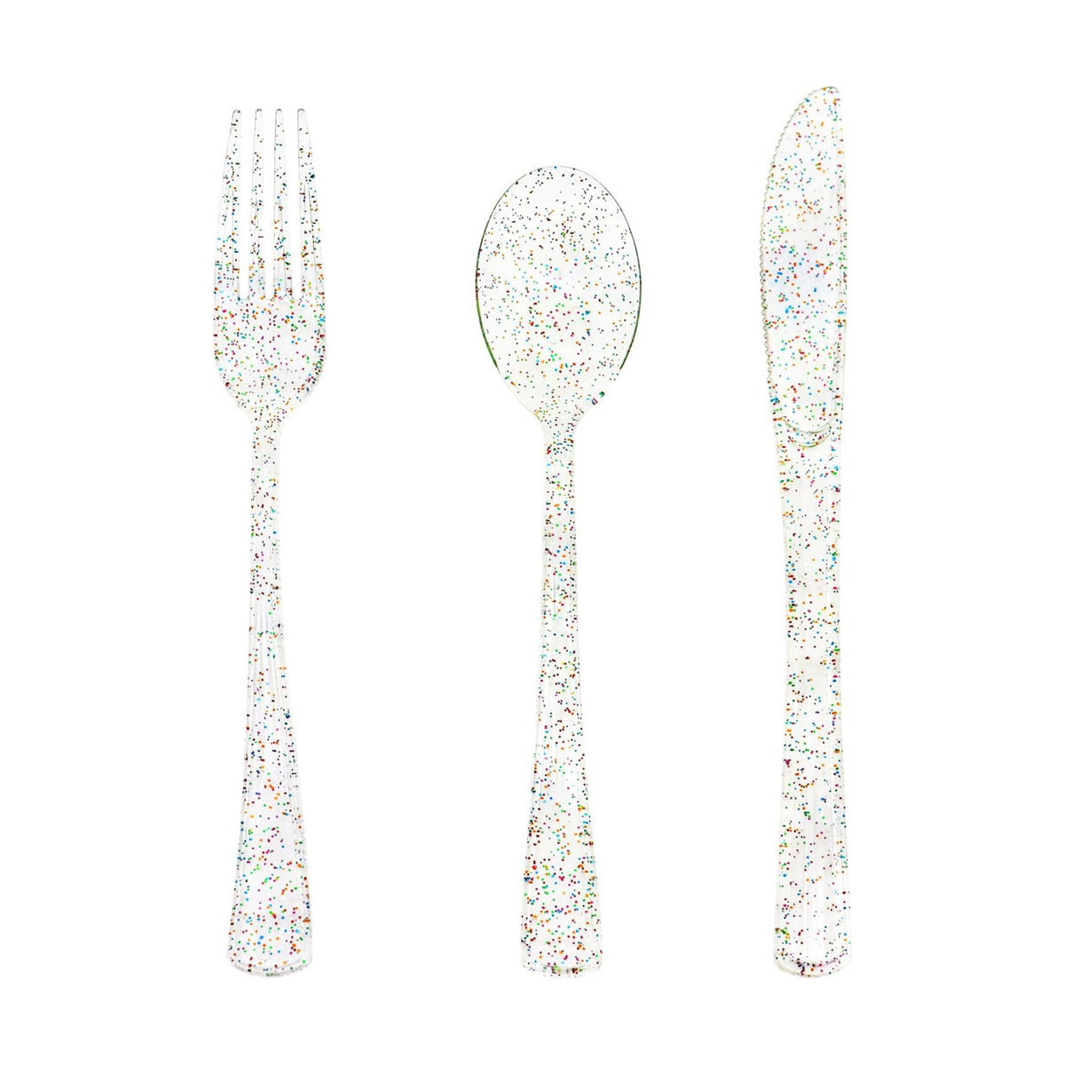 150 Pack Clear Plastic Silverware - Disposable Cutlery with Colorful Design, Includes 50 Forks, 50 Knives, 50 Spoons for Birthday, Wedding, Baby Shower