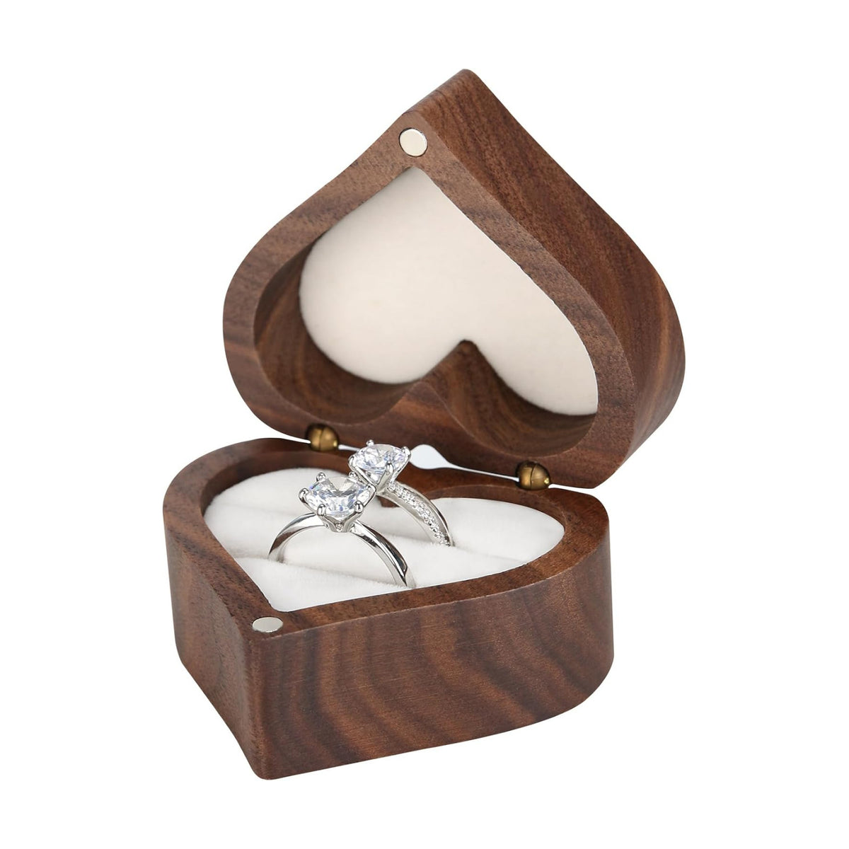 LETURE Wooden Heart Shape Ring Gift Box with Single Slot 2 Slot, Personalized Vintage Wood Jewelry Box for Proposal Engagement Wedding Ceremony Anniversary (White -2 Slot)