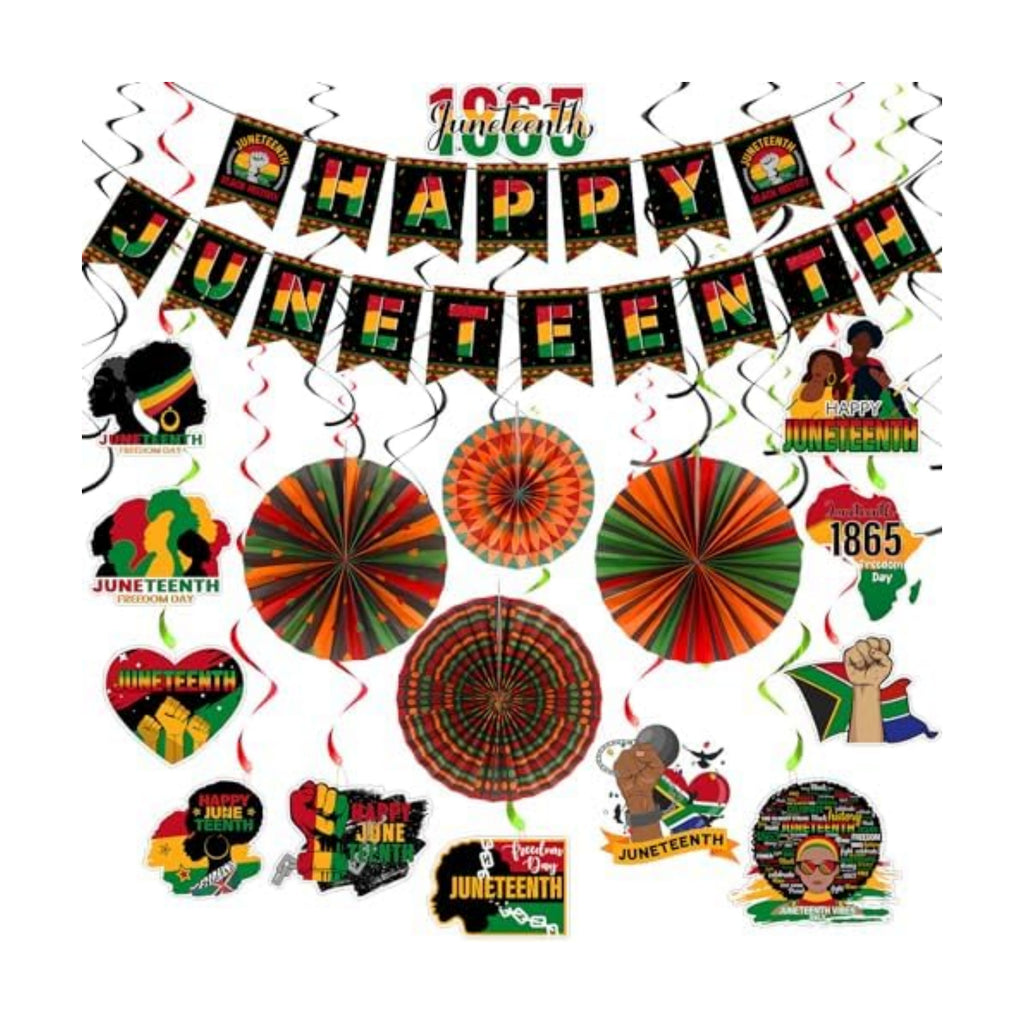 Capoda 42 Pcs Juneteenth Party Decorations 1865 Happy Juneteenth Banner Kente Paper Fans Hanging Swirls for June 19th Freedom Day Black History Independence Day Themed Party Supplies