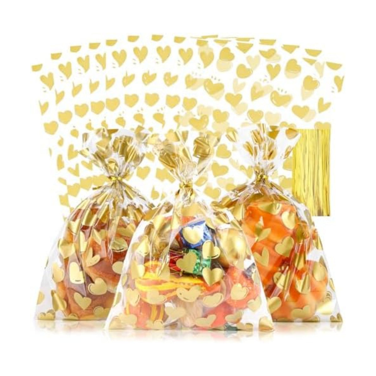 COQOFA 50 Pcs 9X12 IN Gold Heart Cello Cellophane Treat Bags - Clear Candy Cookie Bags with Twist Ties for Baby Shower, Valentine, Wedding, Birthday