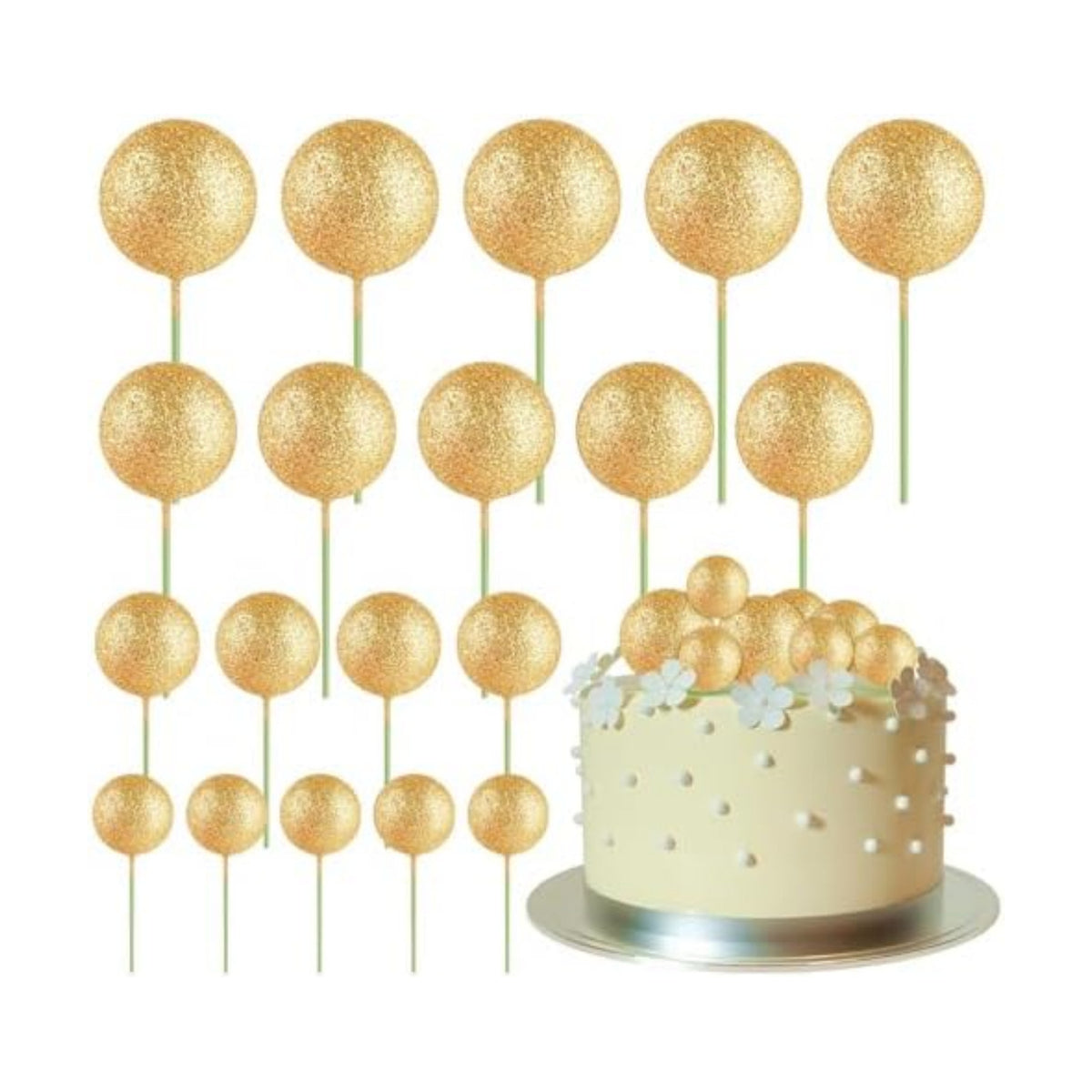 ASTARON 20 Pcs Glitter Gold Balls Cake Topper Decorations for Birthday Cake