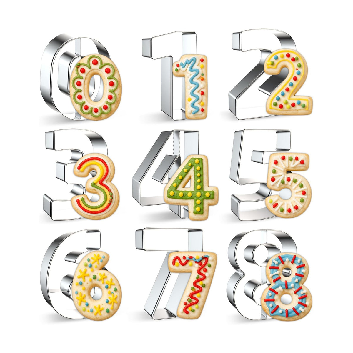 FUSOTO 9PCS Number Cookie Cutters Set, 4 Inches Number 0-8(6 Reverses to 9)