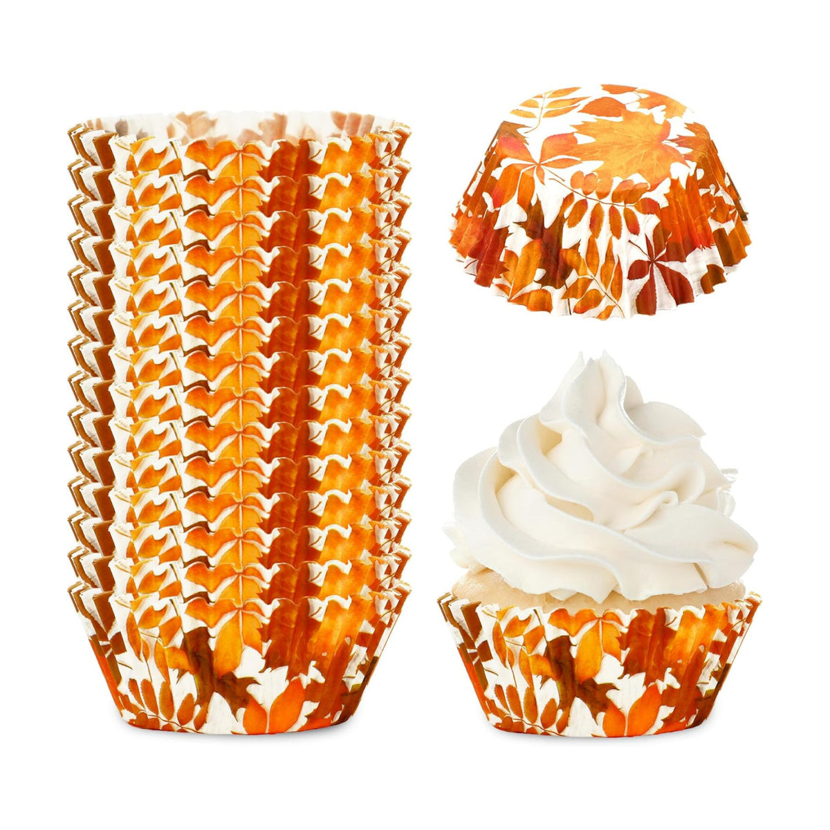 Whaline 300Pcs Fall Cupcake Liners Orange Maple Leaves Paper Baking Cups Thanksgiving Watercolor Leaves Cake Muffin Liner Cupcake Wrappers for Autumn Harvest Party Supplies, 2 x 1.2 Inch