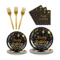 96PCS Happy Birthday Plates and Napkins Party Supplies, Black and Gold Disposable Paper Plates and Napkins with Forks Tableware Set for Birthday Party Decorations 24 Guests (Birthday Black)