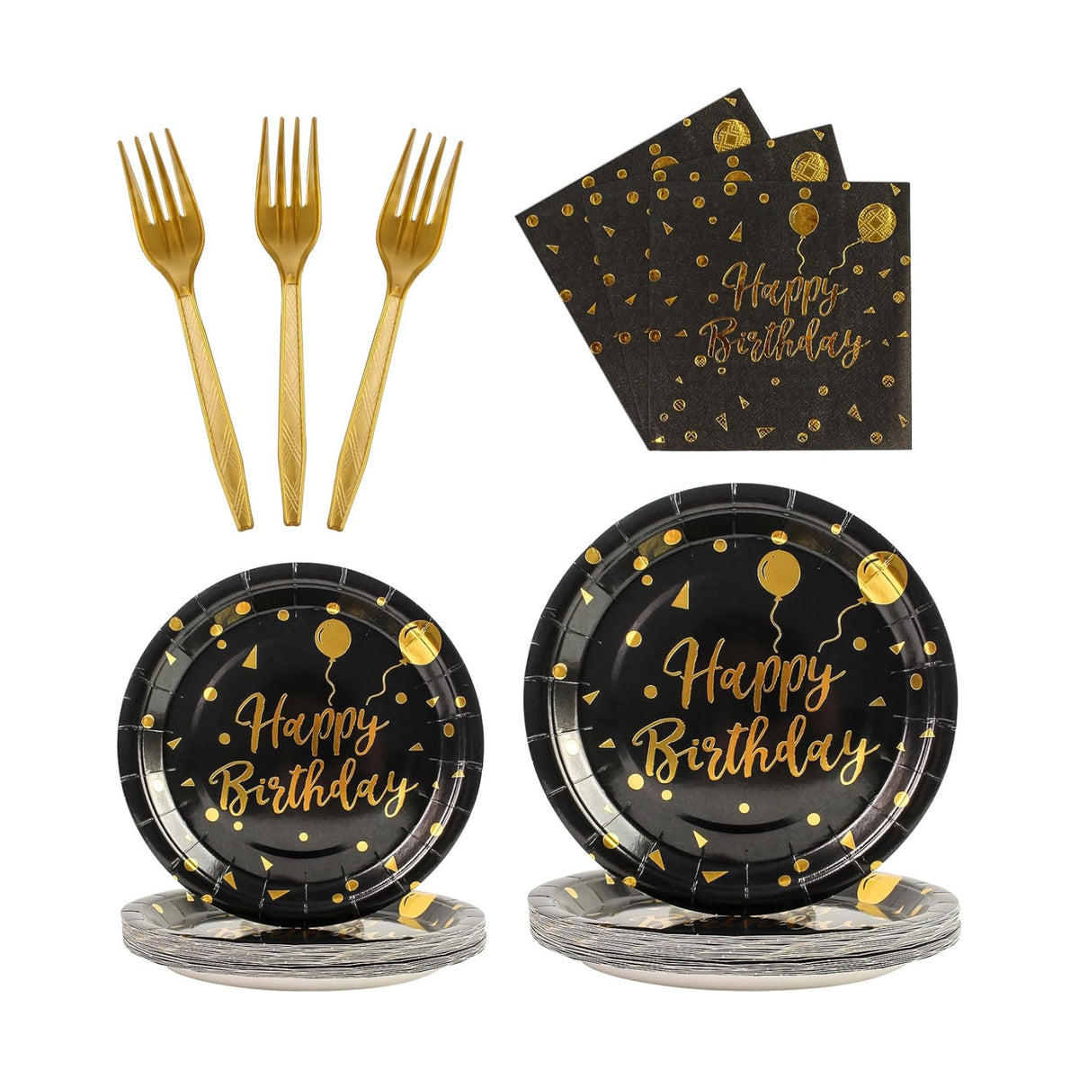 96PCS Happy Birthday Plates and Napkins Party Supplies, Black and Gold Disposable Paper Plates and Napkins with Forks Tableware Set for Birthday Party Decorations 24 Guests (Birthday Black)