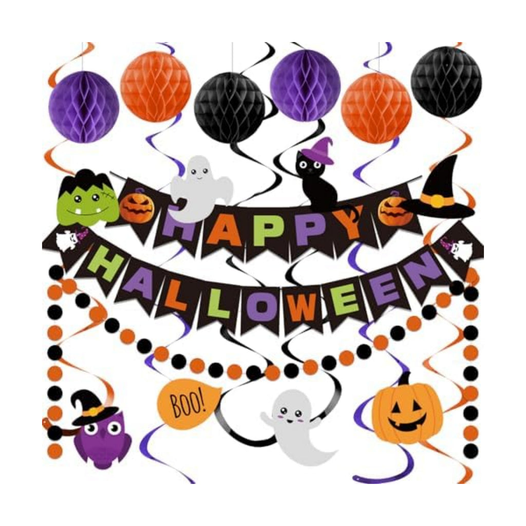 meowtastic Happy Halloween Banner Decorations - Halloween Banner with Honeycomb Ball, Hanging Swirl Streamer, Circle Dot Garland Decorations for theme Party Decorations
