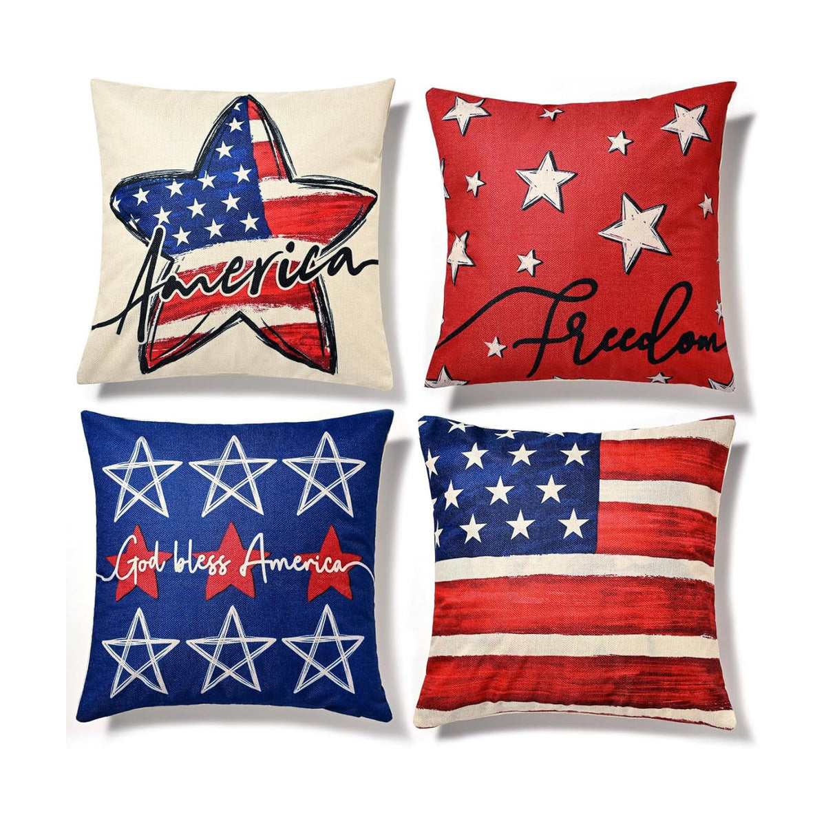 Hongsome Patriotic Decor-Throw Pillow Covers 18x18 in Set of 4,4th of July Linen Pillow Case for Independence Day,Memorial Day,Veteran's Day,USA,American Summer Outdoor Red White Blue Decorations