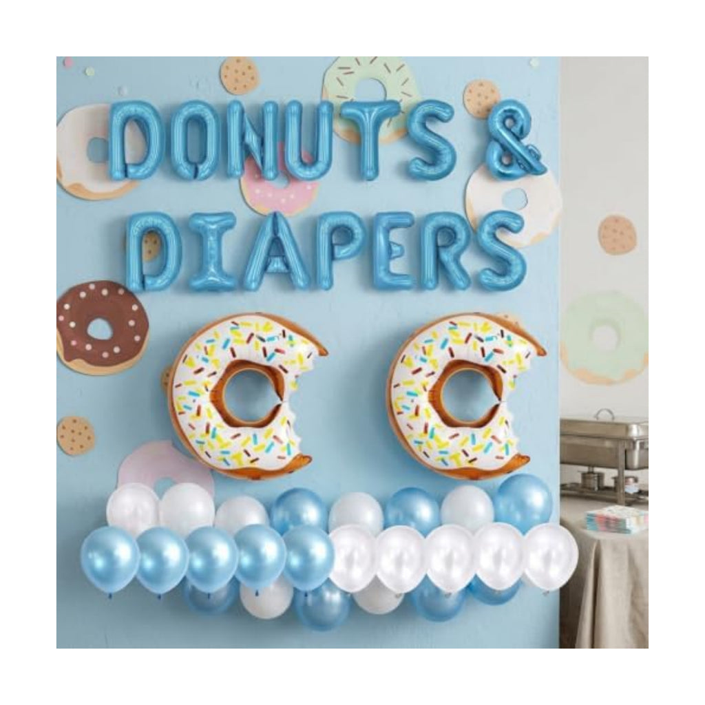 JeVenis Donuts Baby Shower Decorations Blue Backdrop Banner Letter Balloon